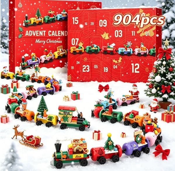 Juletræ Byggeklodser Nedtællings-julekalender Blind Box, DIY Legetøjsgave til Børn ST-11 Christmas Train Blocks