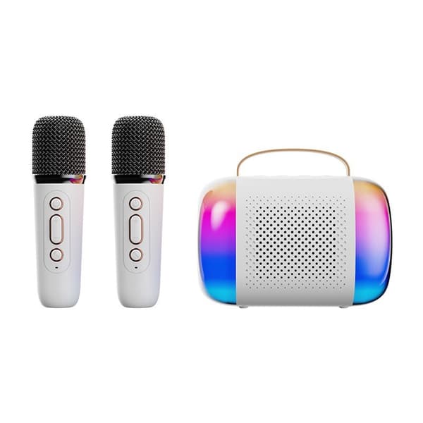 Mini-karaokelaite kahdella langattomalla mikrofonilla, Bluetooth-kaiutin, LED-valot, lapsille ja aikuisille white