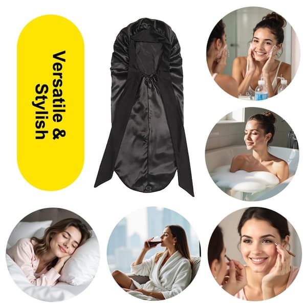 Sateng sovehette med sløyfe, svart, justerbar, myk polyester, hårbeskyttelse