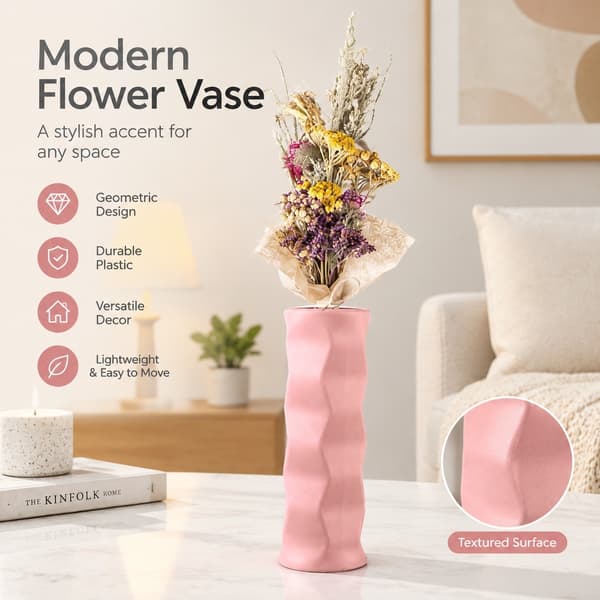Hög texturerad plastvas, geometrisk cylindrisk blomvas, okrossbar, för vardagsrum och sovrum