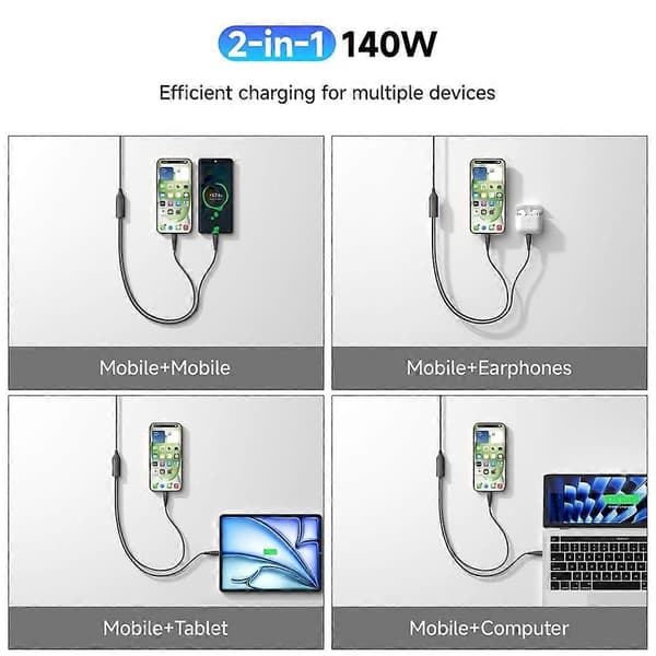 2-i-1 USB C-kabel maks. PD 140W hurtigladekabel USB C til dobbel USB-C datakabel for iPhone Huawei MacBook PC bærbar PC