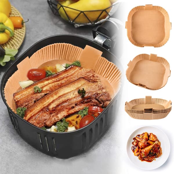 Engangs bagepapir til airfryer, naturlig, 20 cm, 100-pak, fedtafvisende, med håndtag