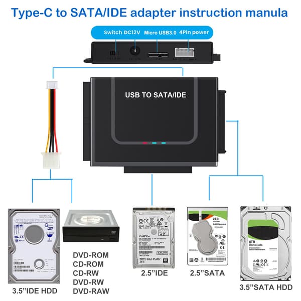 USB 3.0 till SATA-adapterkabel för 2,5 3,5 tums hårddisk, extern HDD-läsare omvandlare