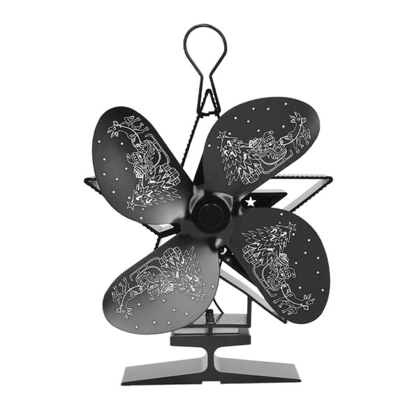 Varmedrevet Pejsventilator, 4 Blade, Julemandsmønster, Sort, til Varmefordeling