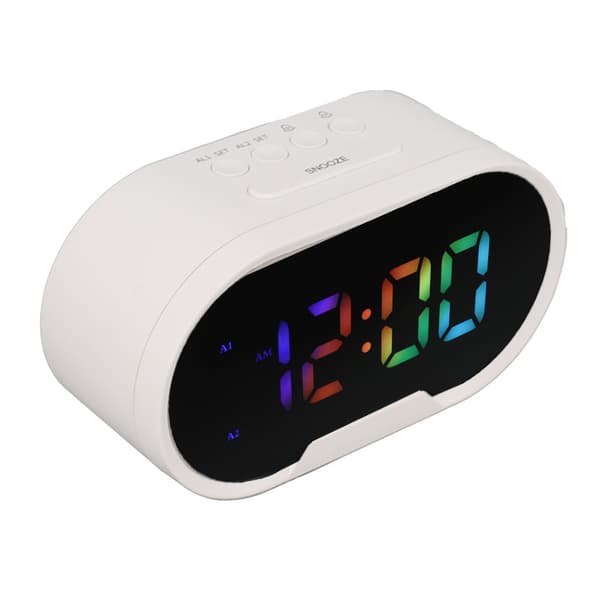 LED digital vekkerklokke, hvit, store sifre, dimbar, justerbart volum, 2 alarmer for barn og studenter