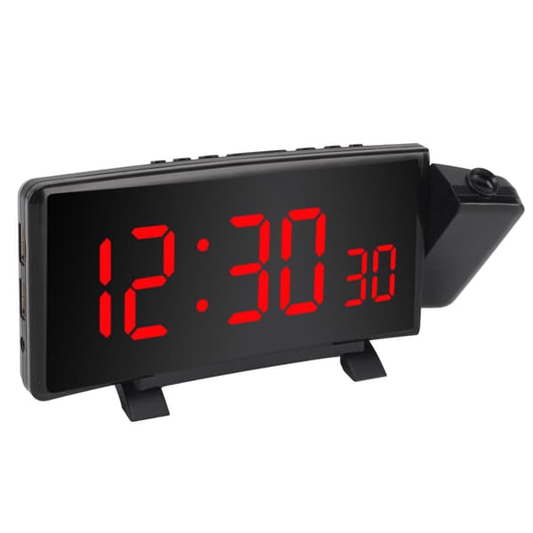 Projektionsväckarklocka med 2 USB-portar, böjd LED-display, digital projektor för sovrum och kontor