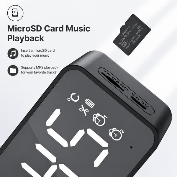 Spegelväckarklocka Bluetooth-högtalare, uppladdningsbar digital, för sovrum vardagsrum kontor, svart