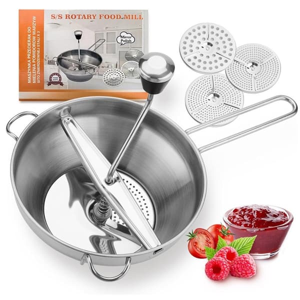 24 cm manuel madmølle, rustfrit stål, sort, 3 udskiftelige skiver til tomatsauce, æblemos