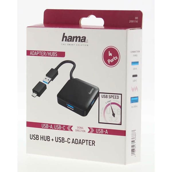 USB 3.2 Gen 1 Hub, 4-port, 5 Gbps, med USB-C-adapter, Plug & Play