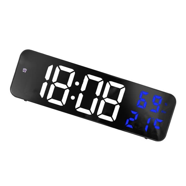 Stor digital LED-väckarklocka, spegelskärm, väggmonterad med stickkontakt, vit och blå
