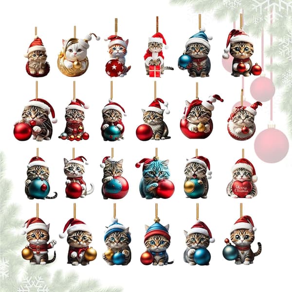 Katt julekalender, 24-dagers nedtelling, akryl kattungepynt til tre, bilspeil, veggdekor Model A