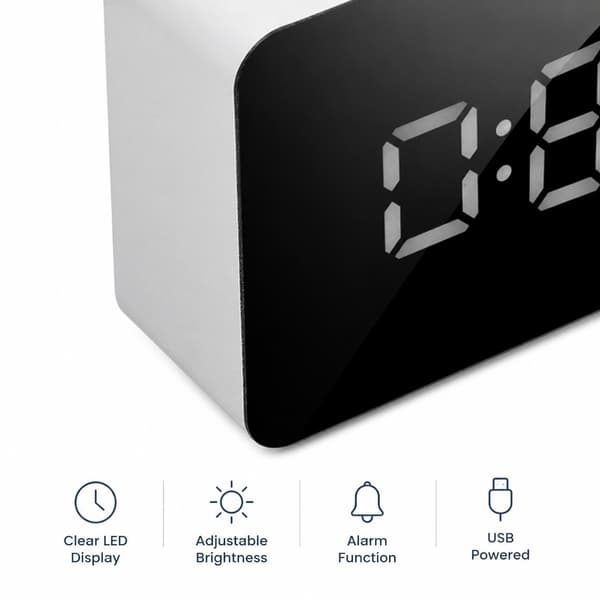 Digital vekkerklokke, LED speildisplay, justerbar slumrefunksjon, lysende, hvit