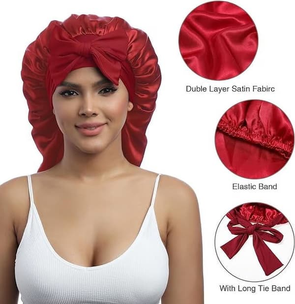 Dobbeltlags Lang Satin Sovehætte til Kvinder - Elastisk Silkehætte med Bindebånd til Langt Hår, Fugtbeskyttelse, Anti-Frizz