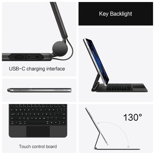 iPad Pro 12.9 tangentbordsfodral med Bluetooth, mörkgrå, silikon TPU, kompatibel med 2018-2022 DarkGrey