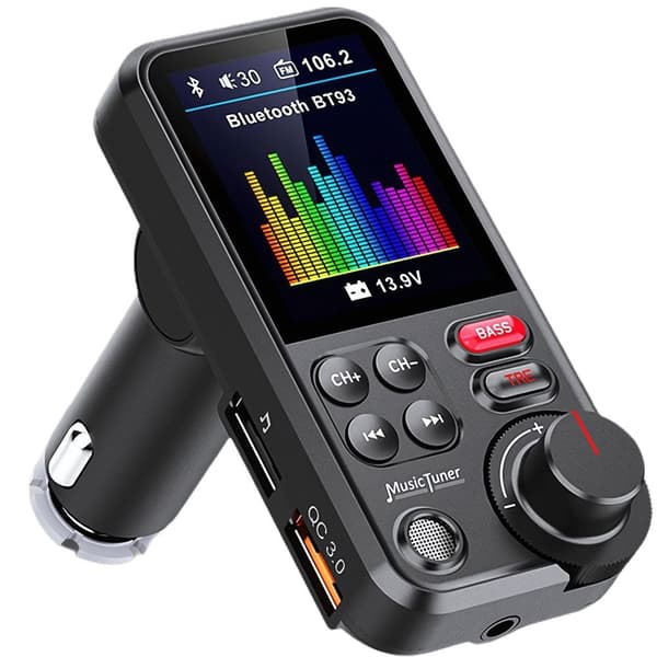 Bluetooth FM-sender, BT 5.0, håndfri, QC-lading, høyttaler, 12-24V