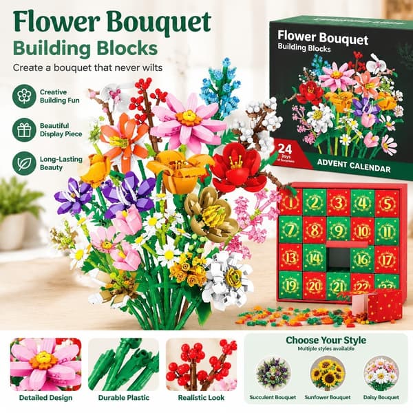 Blombukett byggklossar, prästkrage, julnedräkning blind box-present