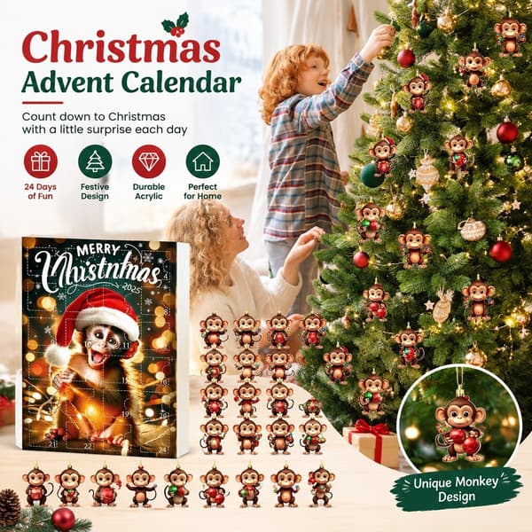 Adventskalender i akryl med juletrepynt, apetre, 2D, 2025, stil E
