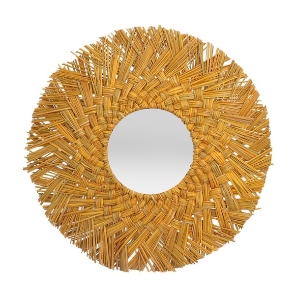 Halmflätad Hängspegel, Rund Handvävd, Retro Nordisk Stil, Gul Guld