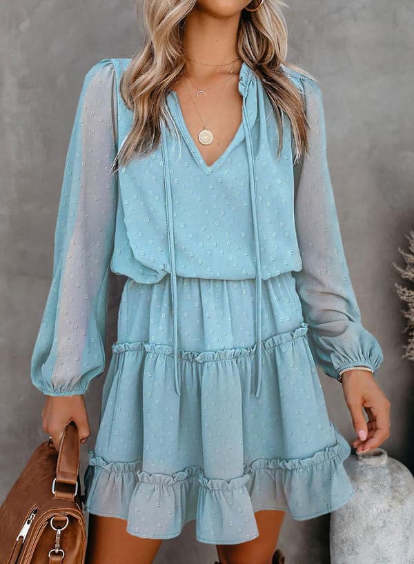 Dame V-hals Flæse Chiffon Kjole Sky Blue S