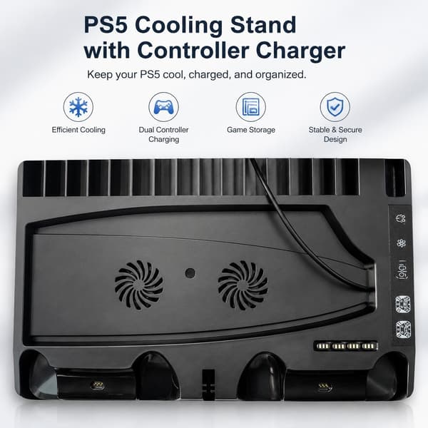 PS5 Kjølestativ med Kontrollerlader, Svart, ABS, Spilloppbevaring, Multifunksjonell