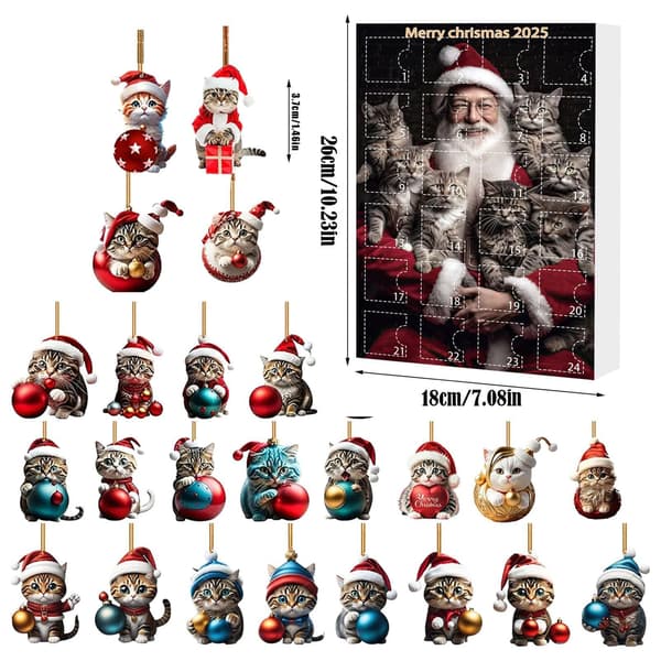 Katt julekalender, 24-dagers nedtelling, akryl kattungepynt til tre, bilspeil, veggdekor Model D