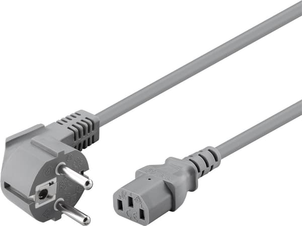Strömkabel 2m grå, C13 vinklad kontakt, CEE 7/7-kontakt, 10A 250V, för datorskärm
