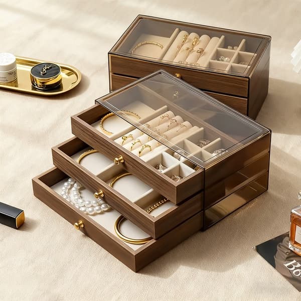 Smyckesförvaringslåda i valnötsträ 3-i-1, multifunktionell lådtyp i massivt trä, dammtät Walnut 5-Layer Model B
