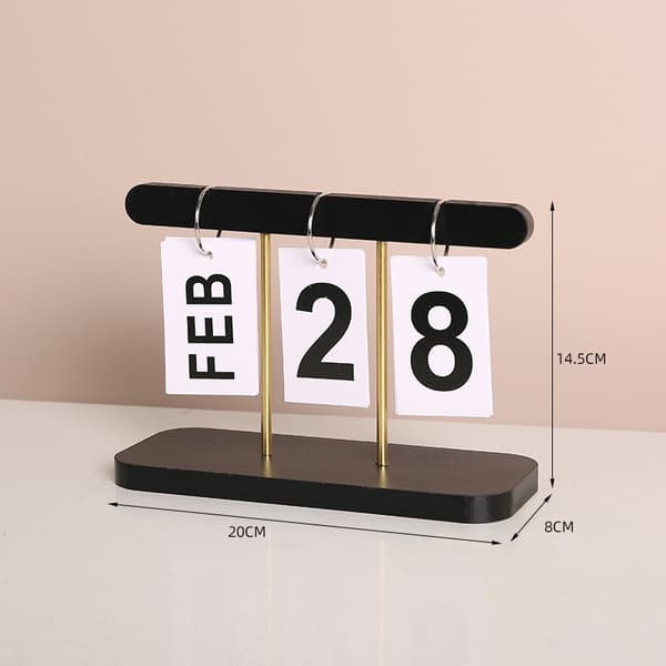 Evighetskalender i tre, svart, minimalistisk skrivebordsklokke, hjemmekontorinnredning