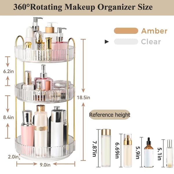 3-lags 360° roterende makeup-organizer, klar akrylstander, til badeværelsesbord Clear