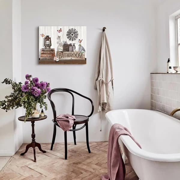 Lantlig Badrumsväggkonst, Rustik Blomfjäril Canvasutskrift, Inramad 12x16, Soak Relax Unwind Decor