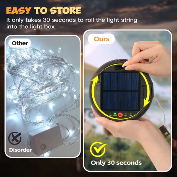 10m solcellelyslenke, 100 LED, USB-lading, brukt til camping, hager og gårdsplasser.