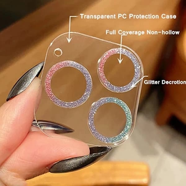 Glitter Kameralinsebeskytter Gull til iPhone 14 Pro Max, Herdet Glass