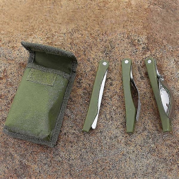 3 dele - foldbart bestik i rustfrit stål til camping, picnic, knive, gafler, skeer (armygrøn) 26-27s