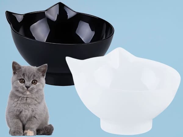 Dobbelt kæledyrsskålsæt, sort og hvid, 2x400 ml plastik, ergonomisk forhøjet stativ til katte og små hunde