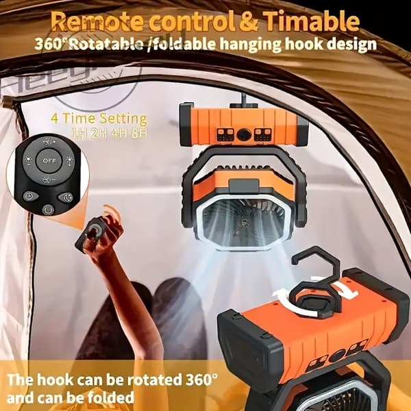 Bærbar USB Genopladelig Campingventilator med LED-lys, 4 Vindhastigheder, Orange
