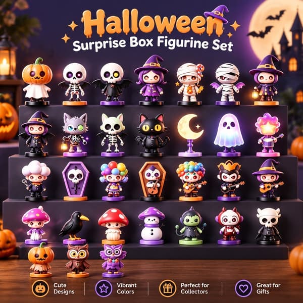 Halloween overraskelsesæske med sød spøgelse, græskar og sort kat-figur, PVC 3D-kalenderdekoration