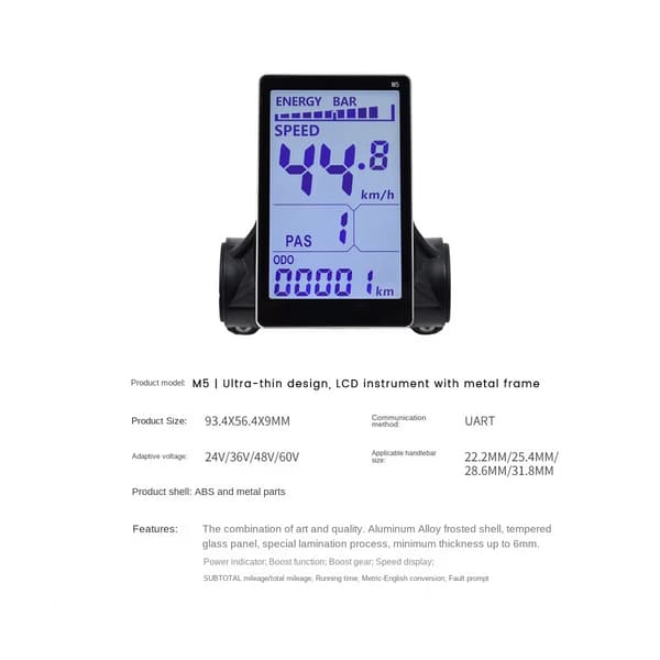 M5 Elsykkel LCD-skjermmåler, 24V-60V, 6PIN, Svart, E-scooter Panel Skjerm