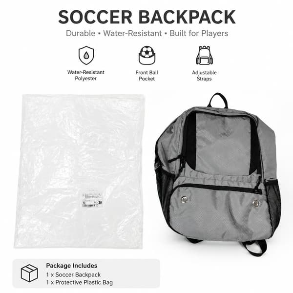 Fotbollsryggsäck med bollficka, grå, vattenavvisande polyester, justerbara remmar