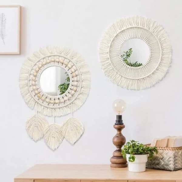 Boho Makrame Frans Väggspegel, Rund med Träpärla Fjäderhänge, för Hall