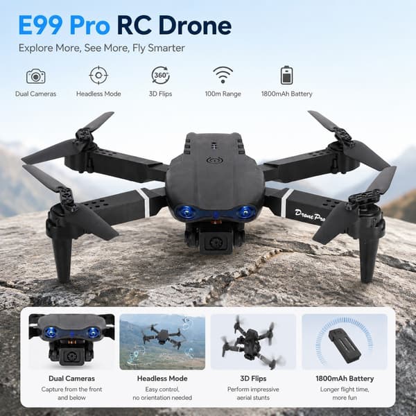 RC E99 Pro-drönare med dubbla kameror, huvudlöst läge, 1800mAh-batteri, 3D-volter, 100m räckvidd