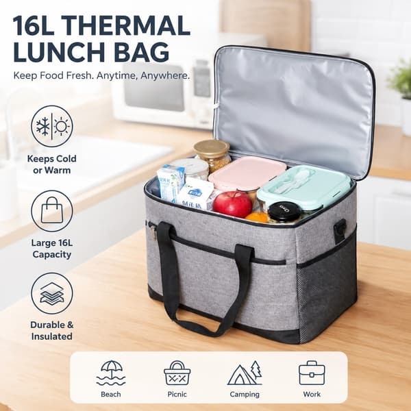 Termisk matpose 16L, piknikkjøler for strandcamping, isolert matveske