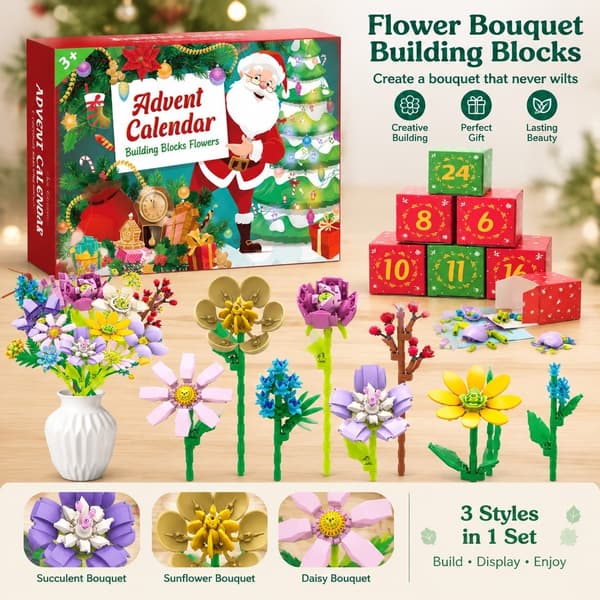 Blombukett byggklossar, prästkrage, julnedräkning blind box-present