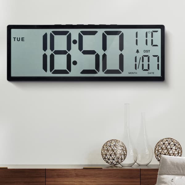 15\" stor digital väggklocka, batteridriven, stor display med datum, veckodag och temperatur, alarm