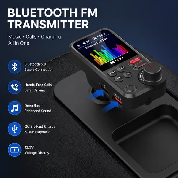 Bluetooth FM-lähetin, BT 5.0, Handsfree, QC-lataus, Kaiutin, 12-24V