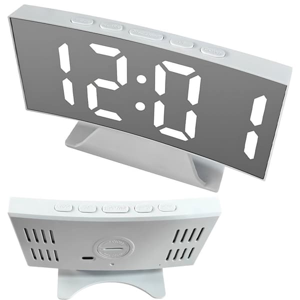 Digital LED Vekkerklokke med Speildisplay, USB, Hvit, Termometer