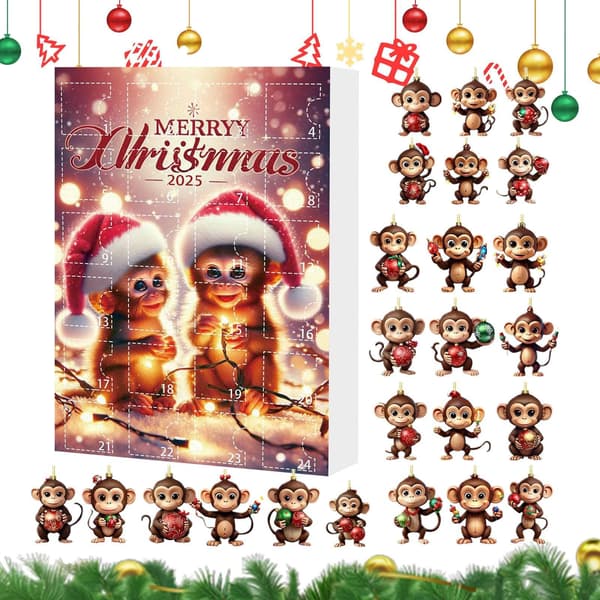 Julepynt adventskalender, ape, 2D akryl, stil D