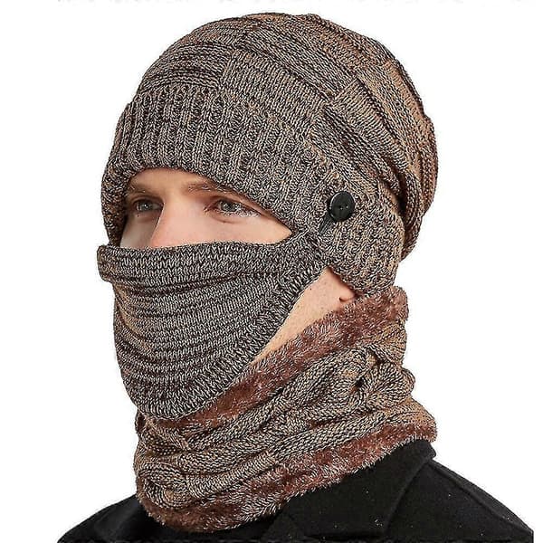 Varm vintermössa för män, stickad ullmössa, halsduk och maskset Khaki