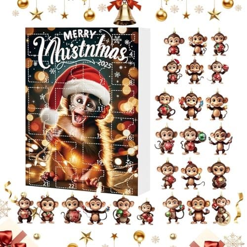 Adventskalender i akryl med juletrepynt, apetre, 2D, 2025, stil E
