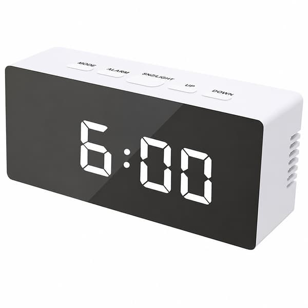 Digital LED vekkerklokke med speiloverflate, hvit, temperaturvisning, slumrefunksjon, USB-drevet