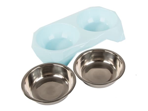 Dobbelt kæledyrsskål, 2x350 ml, rustfrit stål, spildfri, plastbase, hund & kat